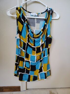 Calvin Klein Geometric Cowl Neck Tank Top in Teal, Mustard & Black